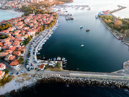 Aerial sunset view of old town of Sozopol, Burgas Region, Bulgaria