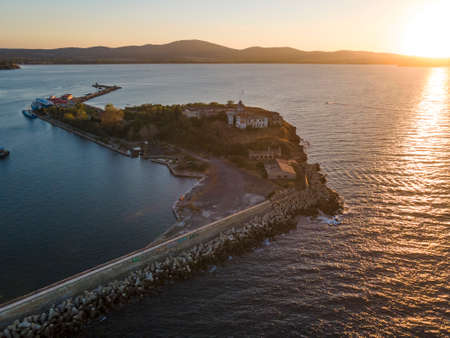 Aerial sunset view of old town of Sozopol, Burgas Region, Bulgariaの写真素材