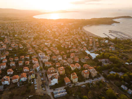 Sunset Aerial view of town of Chernomorets, Burgas Region, Bulgariaの写真素材