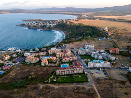 Sunset Aerial view of town of Chernomorets, Burgas Region, Bulgariaの写真素材