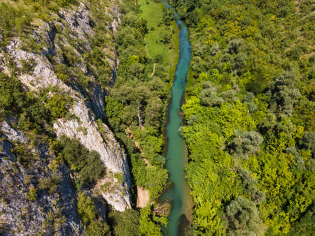 Aerial view of Iskar Panega Geopark along the Gold Panega River, Bulgariaの写真素材