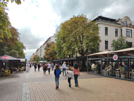 SOFIA, BULGARIA -SEPTEMBER 26, 2020: Walking people on Boulevard Vitosha in city of Sofia, Bulgariaのeditorial素材