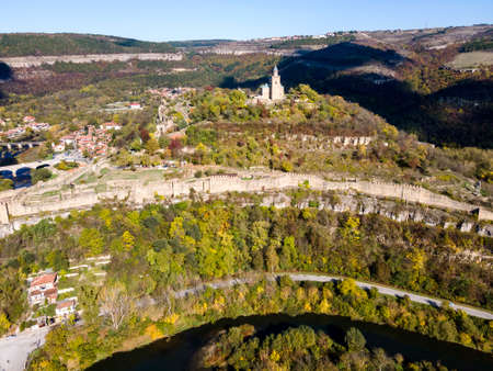 Aerial view of Ruins of The capital city of the Second Bulgarian Empire medieval stronghold...