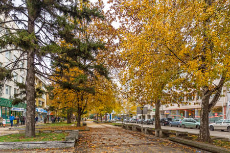 MONTANA, BULGARIA - NOVEMBER 22, 2020: Typical building and street at the center of town of Montana, Bulgariaのeditorial素材