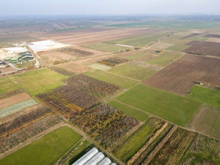 Aerial view of Upper Thracian Plain  near village of Tsalapitsa, Plovdiv Region, Bulgaria