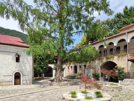 BACHKOVO MONASTERY, BULGARIA - JULY 16, 2020: Medieval Buildings in Bachkovo Monastery Dormition of...