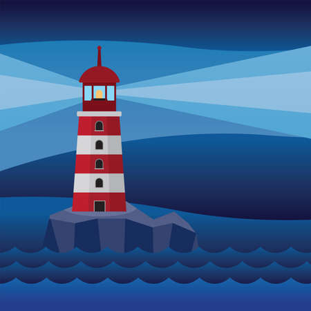 Night view of Lighthouse on rock stones island landscape - vector illustrationのイラスト素材
