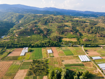Aerial Panoramic view of Petrich valley, Blagoevgrad region, Bulgaria