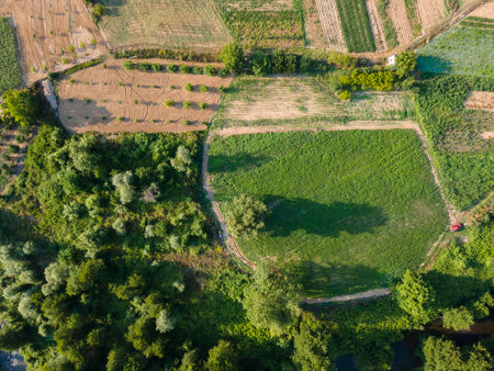 Aerial Panoramic view of Petrich valley, Blagoevgrad region, Bulgariaの写真素材