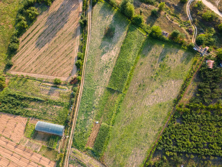 Aerial Panoramic view of Petrich valley, Blagoevgrad region, Bulgariaの写真素材