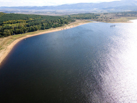 Aerial view of Bakardere Reservoir near town of Ihtiman, Bulgariaの写真素材