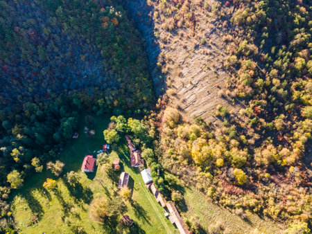 Aerial view of Cheparlyansky Monastery of Saint Petka at the coast of Nishava River, Sofia City Region,  Bulgariaの写真素材