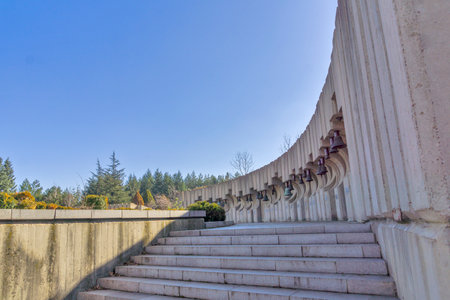 SOFIA, BULGARIA - FEBRUARY 16, 2014: Memorial of Flag of Peace (Zname na mira) International Children's Assembly at park Kambanite (The bells) in Sofia, Bulgariaのeditorial素材
