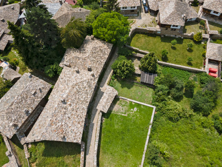 Aerial view of Village of Kovachevitsa with Authentic nineteenth century houses, Blagoevgrad Region, Bulgariaのeditorial素材