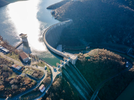 Amazing Aerial view of dam of Kardzhali Reservoir, Bulgaria