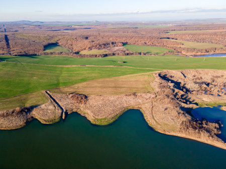 Amazing Aerial sunset view of Trakiets Reservoir, Haskovo Region, Bulgariaの写真素材
