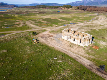 Aerial view of Ancient Medieval Eastern Orthodox church of Saint John of Rila at the bottom of Zhrebchevo Reservoir, Sliven Region, Bulgariaの写真素材