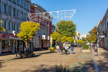 RUSE, BULGARIA -NOVEMBER 2, 2020: Central pedestrian street at the center of city of Ruse, Bulgaria