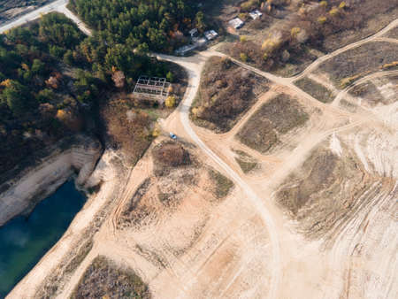Aerial view of Pyasachnik (Sandstone) Reservoir, Sredna Gora Mountain, Plovdiv Region, Bulgariaの写真素材