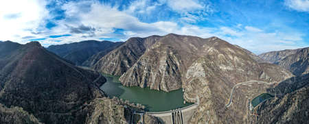 Aerial panorama of dam of Krichim Reservoir, Rhodopes Mountain, Plovdiv Region, Bulgariaの写真素材