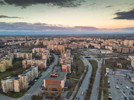 PLOVDIV, BULGARIA - FEBRUARY 4, 2021: Aerial Sunset view of Typical residential building from the communist period at district Trakia in city of Plovdiv, Bulgariaのeditorial素材