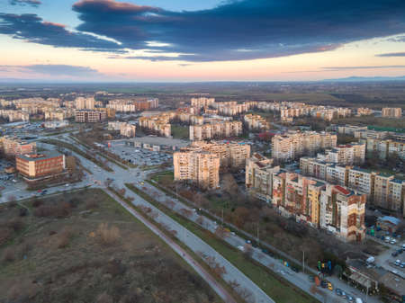 PLOVDIV, BULGARIA - FEBRUARY 4, 2021: Aerial Sunset view of Typical residential building from the communist period at district Trakia in city of Plovdiv, Bulgariaのeditorial素材