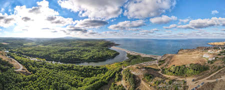 Aerial panorama of beach at the mouth of the Veleka River, Sinemorets village, Burgas Region,...