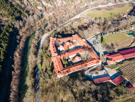 Aerial view of Medieval Bachkovo Monastery Dormition of the Mother of God, Bulgariaの写真素材