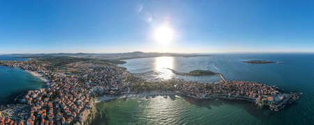 Amazing Aerial sunset panorama of town of Sozopol, Burgas Region, Bulgariaの写真素材