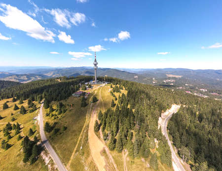 Aerial view of Snezhanka peak at Rhodope Mountains, Smolyan Region, Bulgariaの写真素材