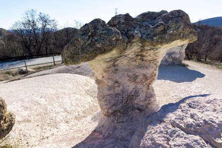 Landscape with Rock formation The Stone Mushrooms near Beli plast village, Kardzhali Region, Bulgariaの写真素材