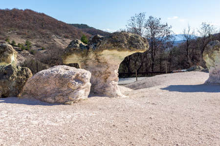 Landscape with Rock formation The Stone Mushrooms near Beli plast village, Kardzhali Region, Bulgariaの写真素材