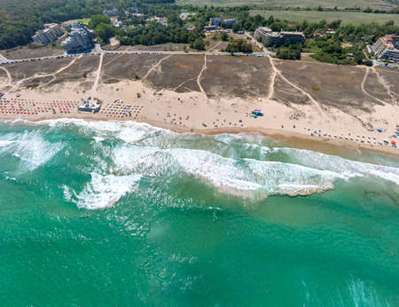 Amazing Aerial view of South Beach of Primorsko, Burgas Region, Bulgariaの写真素材