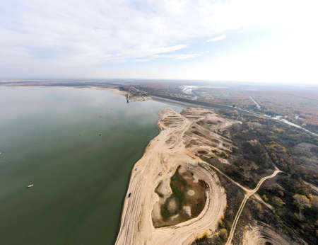 Aerial panorama of Pyasachnik (Sandstone) Reservoir, Sredna Gora Mountain, Plovdiv Region, Bulgariaの写真素材