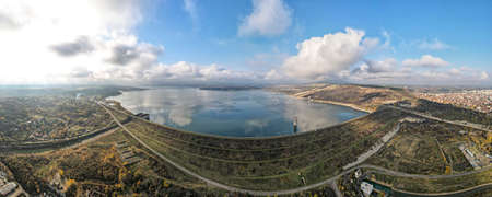 Aerial panorama of Ogosta Reservoir, Montana Region, Bulgariaの写真素材