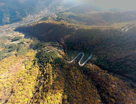 Amazing Aerial Autumn panorama of Balkan Mountains and Vratsata pass, Bulgariaの写真素材