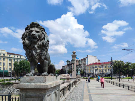 SOFIA, BULGARIA - JULY 6, 2020: Panorama of Lion's Bridge over Vladaya river, Sofia, Bulgariaのeditorial素材