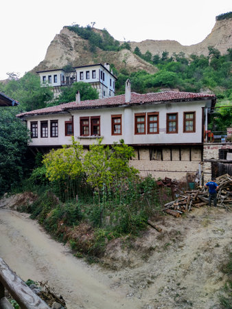 MELNIK, BULGARIA - JUNE 28, 2020: Typical street and old houses in historical town of Melnik, Blagoevgrad region, Bulgariaのeditorial素材