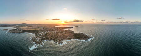 Sunset Aerial panorama of town of Chernomorets, Burgas Region, Bulgaria