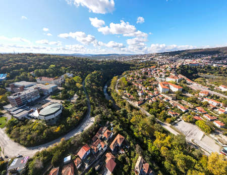 Amazing Aerial sunset panorama of city of Veliko Tarnovo, Bulgaria