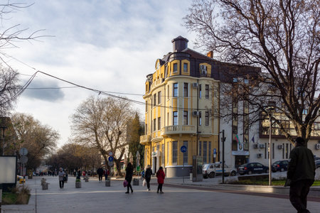 STARA ZAGORA, BULGARIA - JANUARY 14, 2021: Central pedestrian street in city of Stara Zagora, Bulgariaのeditorial素材