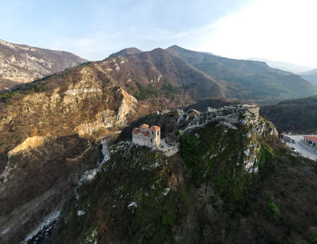 Aerial panorama of ruins of Medieval Asen's Fortress, Asenovgrad, Plovdiv Region, Bulgariaの写真素材