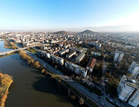 Amazing Aerial view of Maritsa river and panorama to City of Plovdiv, Bulgariaの写真素材