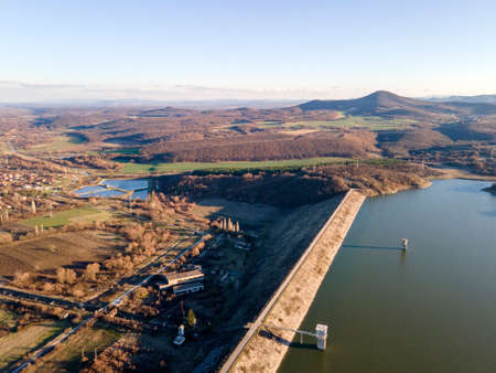 Amazing Aerial sunset view of  Trakiets Reservoir, Haskovo Region, Bulgariaの写真素材