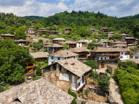 Aerial view of Village of Kovachevitsa with Authentic nineteenth century houses, Blagoevgrad Region,...