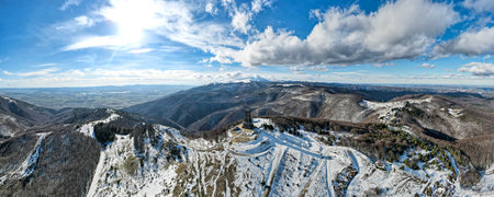 SHIPKA, BULGARIA - JANUARY 24, 2021: Aerial panorama of Monument to Liberty Shipka at St. Nicholas peak, Stara Planina (Balkan) Mountain, Bulgariaのeditorial素材