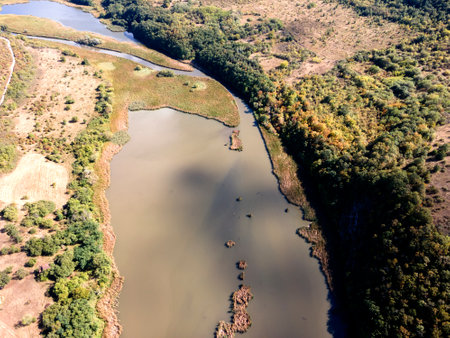 Amazing Aerial view of Pchelina Reservoir, Pernik Region, Bulgariaの写真素材
