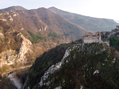 Aerial sunset view of ruins of Medieval Asen's Fortress, Asenovgrad, Plovdiv Region, Bulgariaのeditorial素材