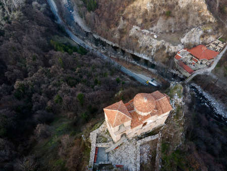 Aerial sunset view of ruins of Medieval Asen's Fortress, Asenovgrad, Plovdiv Region, Bulgariaのeditorial素材