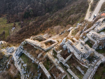 Aerial sunset view of ruins of Medieval Asen's Fortress, Asenovgrad, Plovdiv Region, Bulgariaのeditorial素材